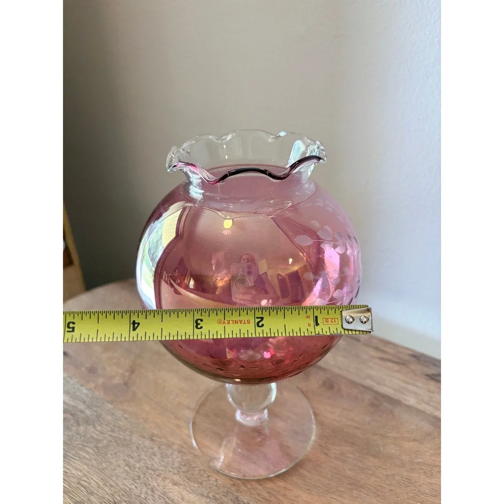 Vintage Cranberry Glass Etched Floral Pedestal Vase Ruffled Rim 7.75 Inch